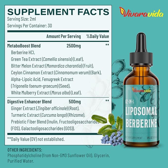 Vivaravida Berberine Drops 3000mg with natural ingredients displayed