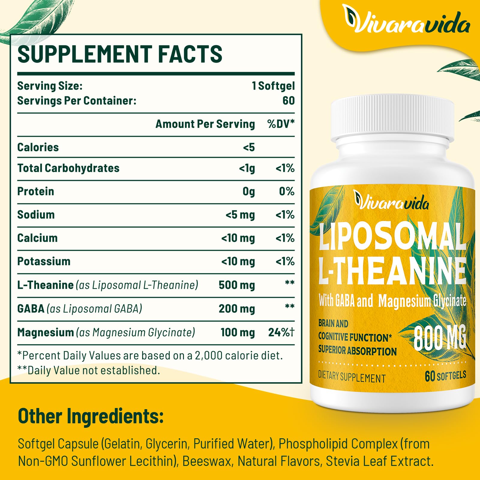 Vivaravida L-Theanine GABA Magnesium Softgels bottle side view