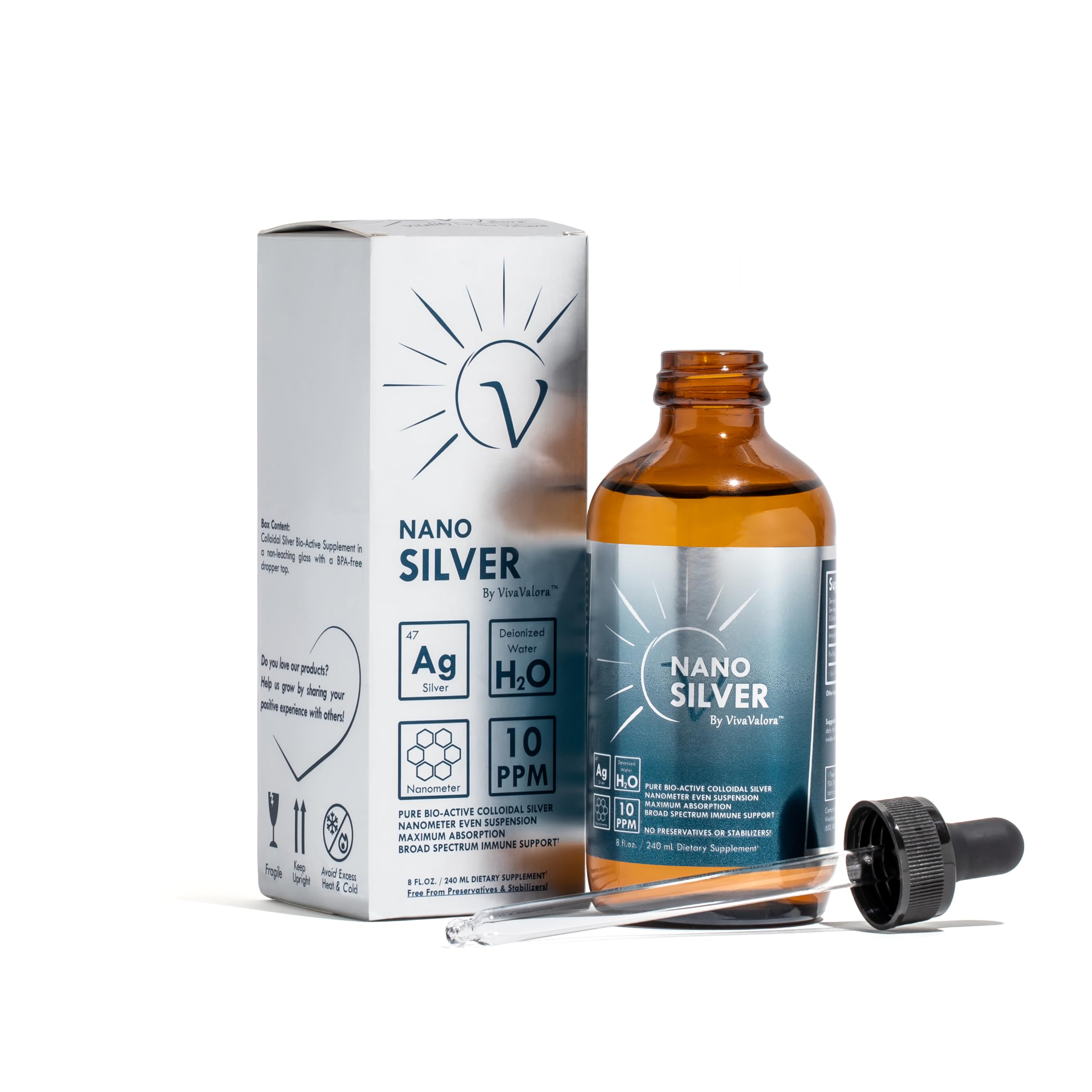 VivaValora Colloidal Silver Liquid 10 PPM with measuring dropper