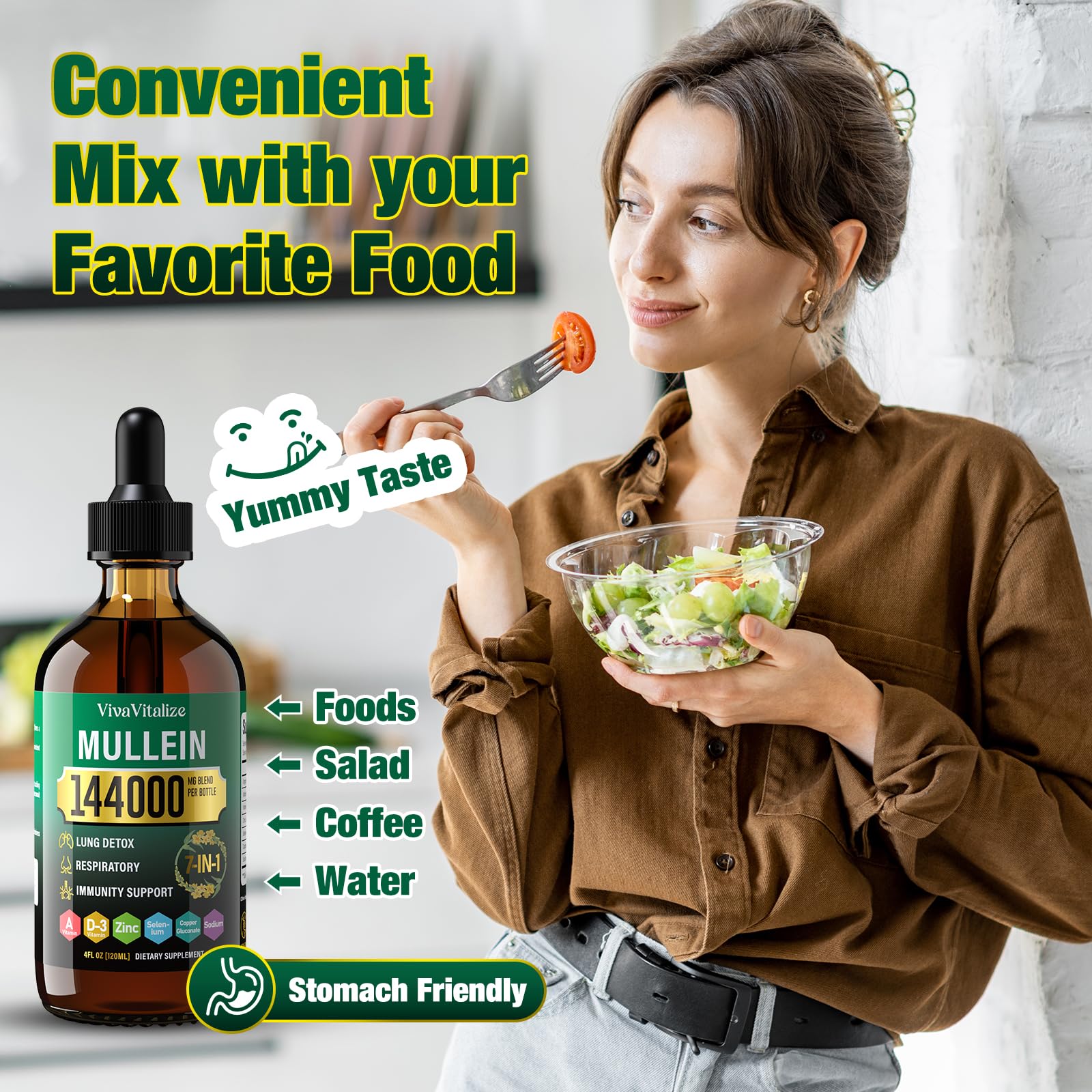 VivaVitalize Mullein Drops displayed with a glass of water