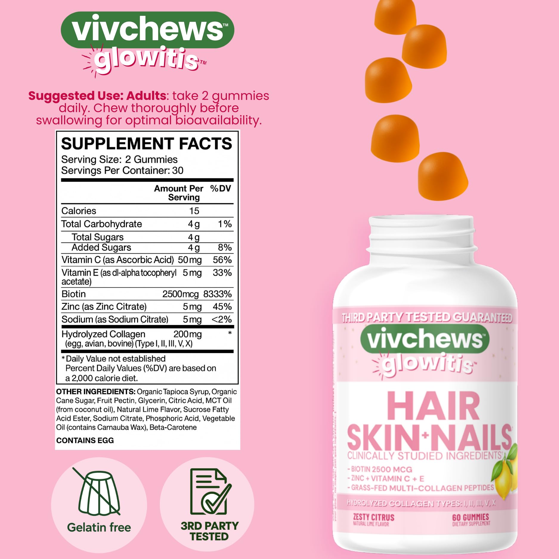 vivchews Biotin Gummies on a wooden table lifestyle shot