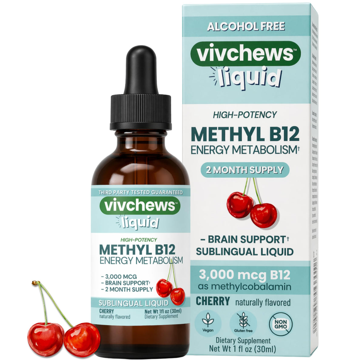 vivchews Methyl B12 Liquid Drops 3000 mcg cherry flavour front view