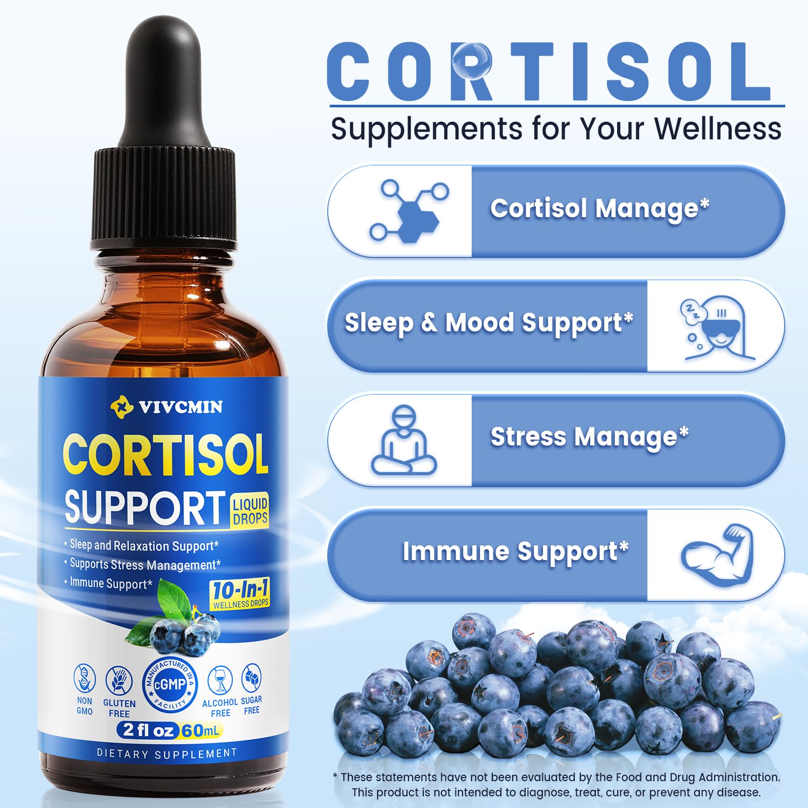 vivcmin 10-in-1 Cortisol Reducer Liquid Supplement with precision dropper