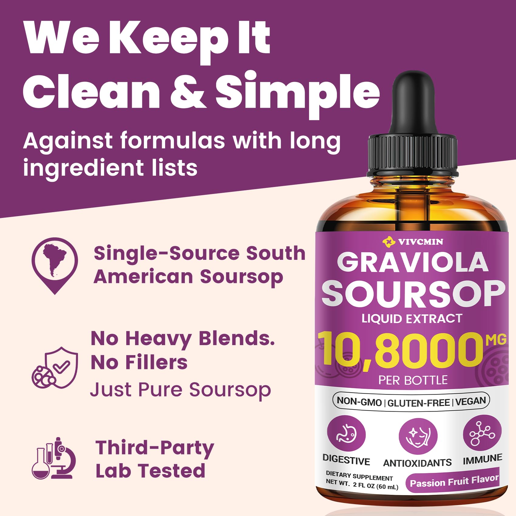 vivcmin Soursop Drops 30ml dropper close-up