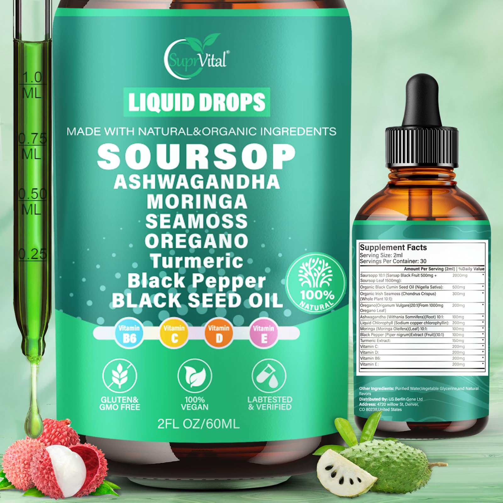 VivoNu 2000mg Soursop & 12-in-1 Super Herb Blend liquid supplement front view