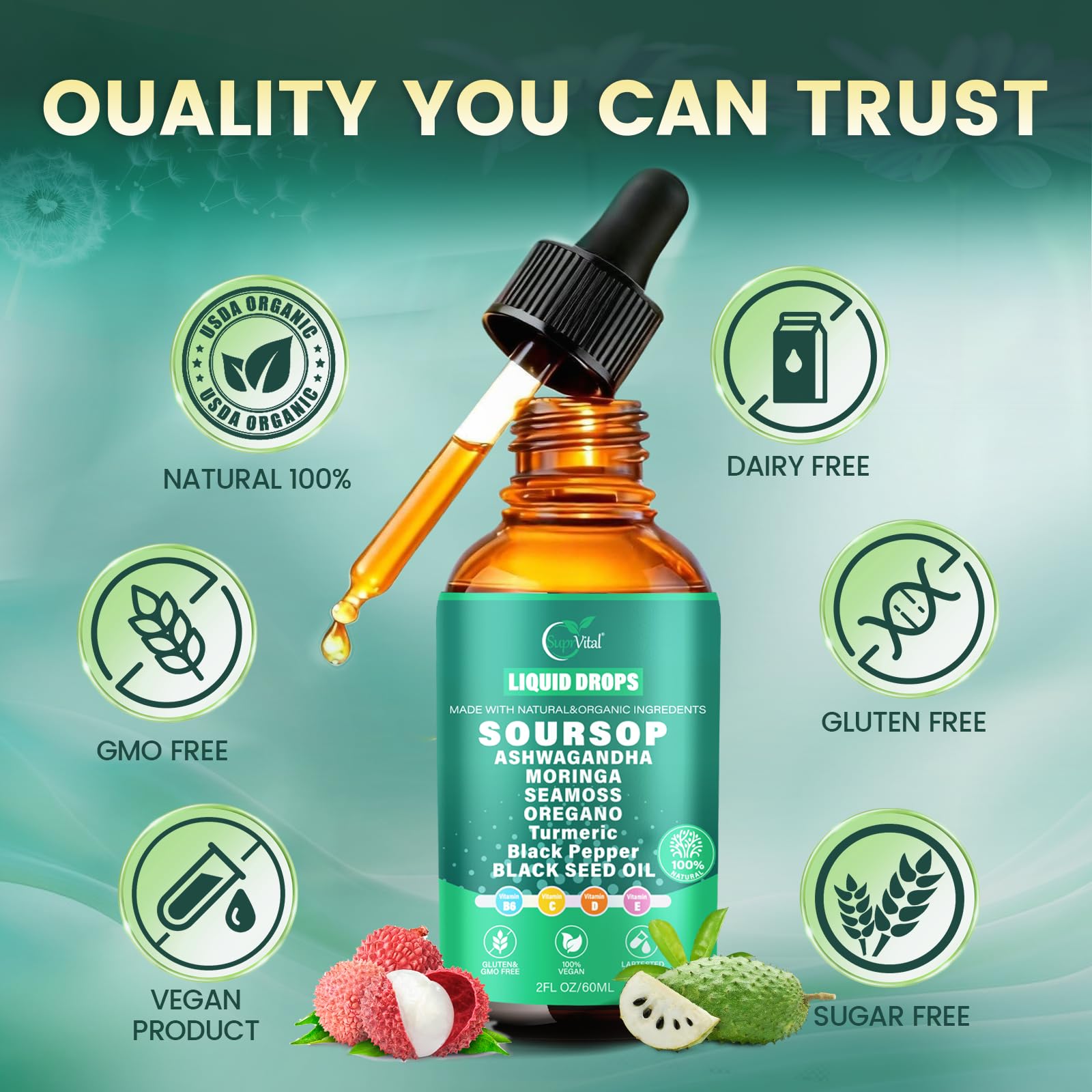 VivoNu 2000mg Soursop & 12-in-1 Super Herb Blend liquid supplement in lifestyle setting