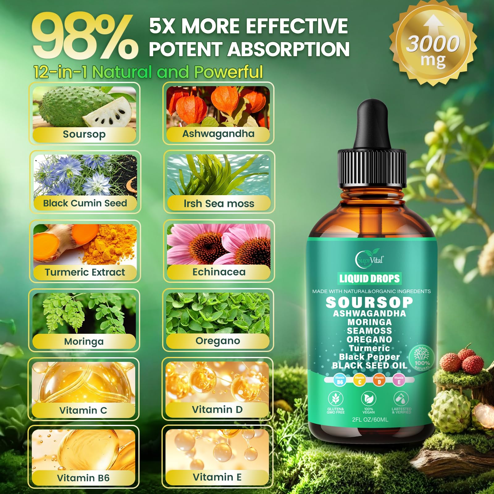 VivoNu 2000mg Soursop & 12-in-1 Super Herb Blend liquid supplement ingredients list