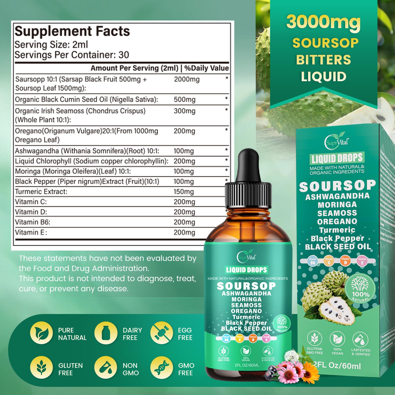 VivoNu 2000mg Soursop & 12-in-1 Super Herb Blend liquid supplement with measuring spoon