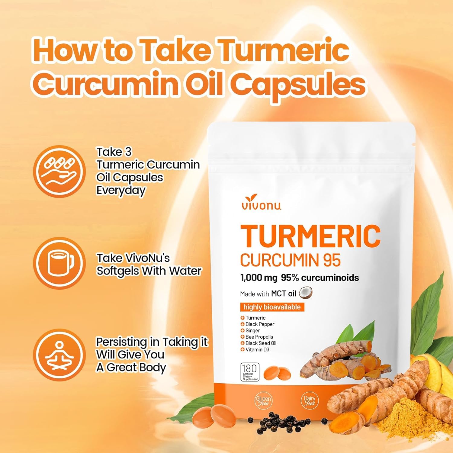 VivoNu 6-in-1 Pure Turmeric Curcumin Capsules ingredients close-up