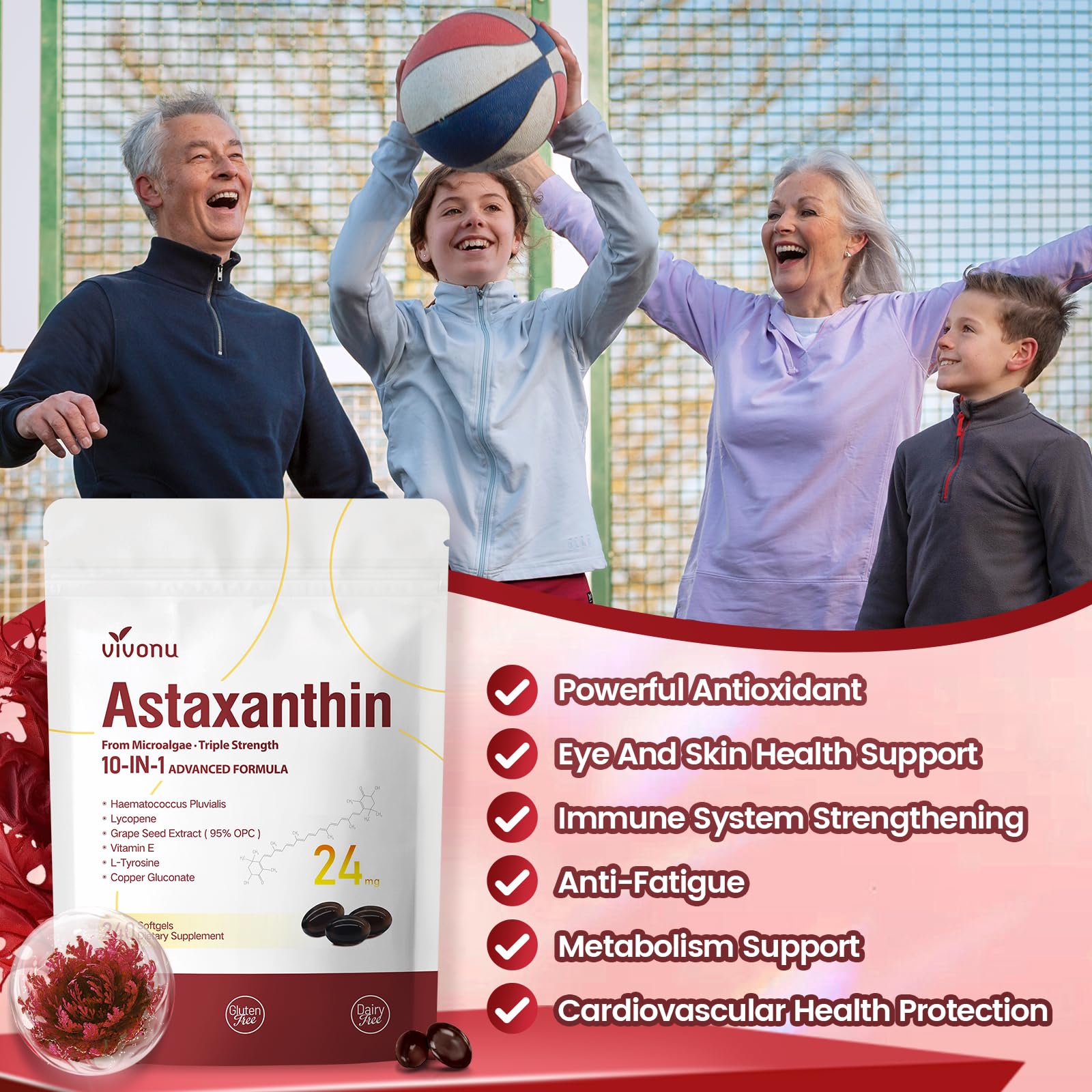 VivoNu Astaxanthin bottle with fresh fruits