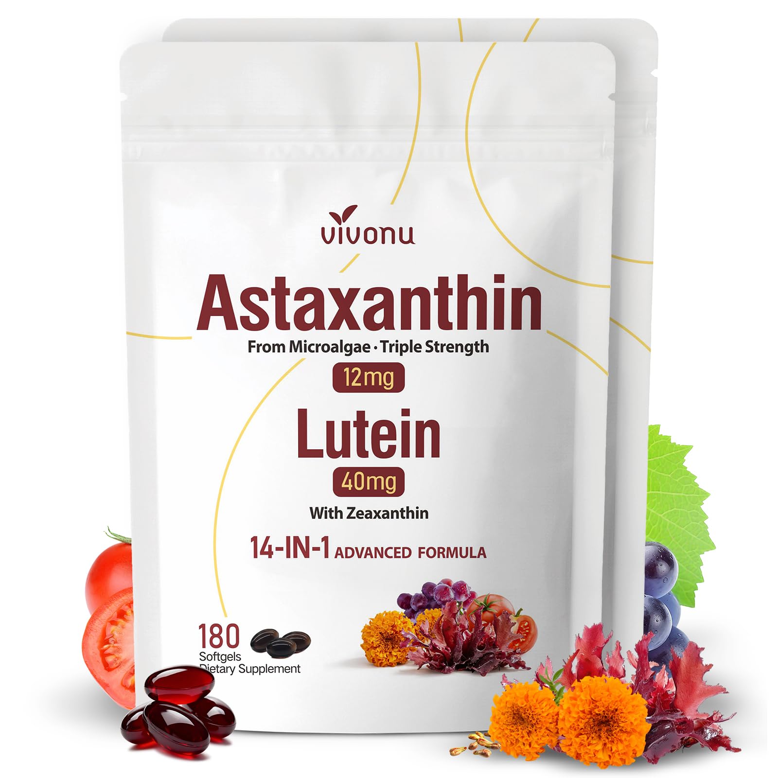 VivoNu Astaxanthin & Lutein 180 Softgels front view