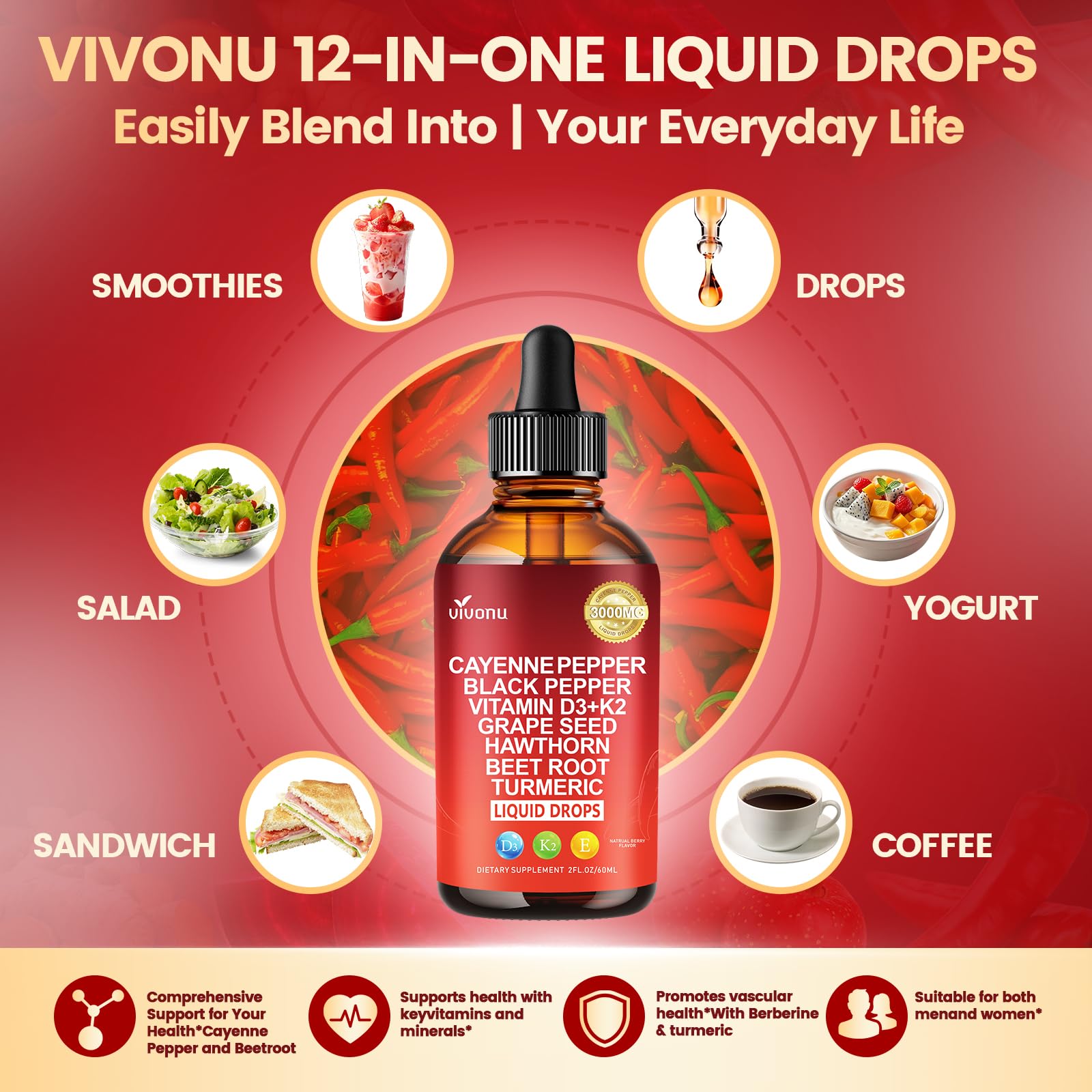VivoNu Cayenne Pepper Drops showing dosage instructions