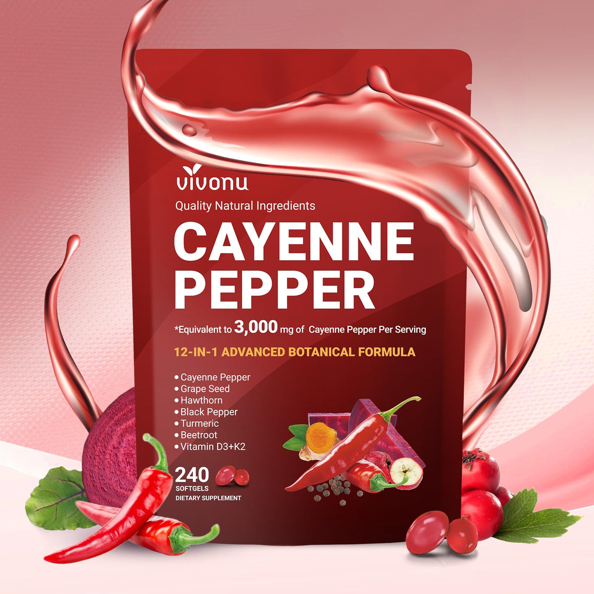 VivoNu Cayenne Pepper Softgels 240 capsules front view