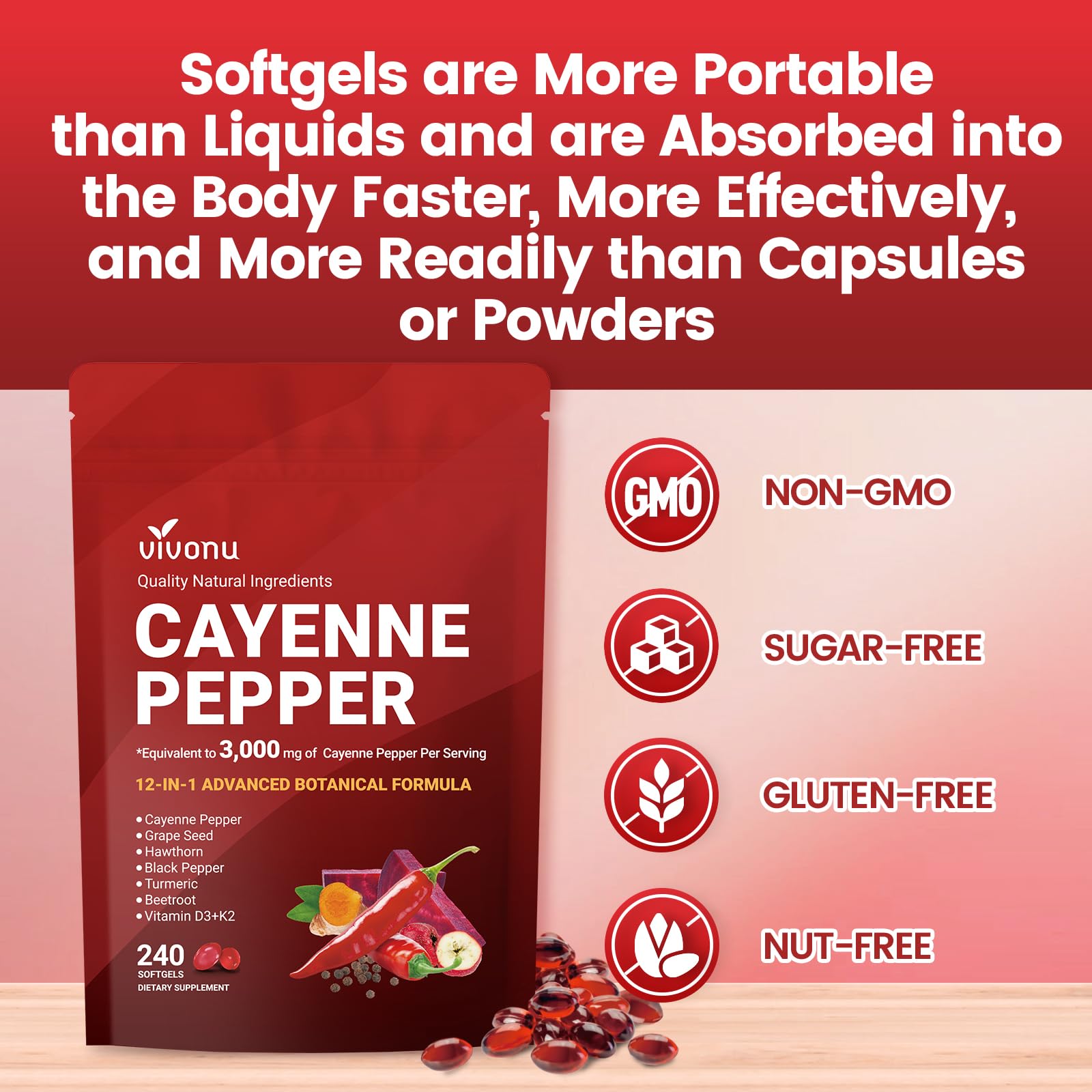 VivoNu Cayenne Pepper Softgels displayed with other herbal supplements