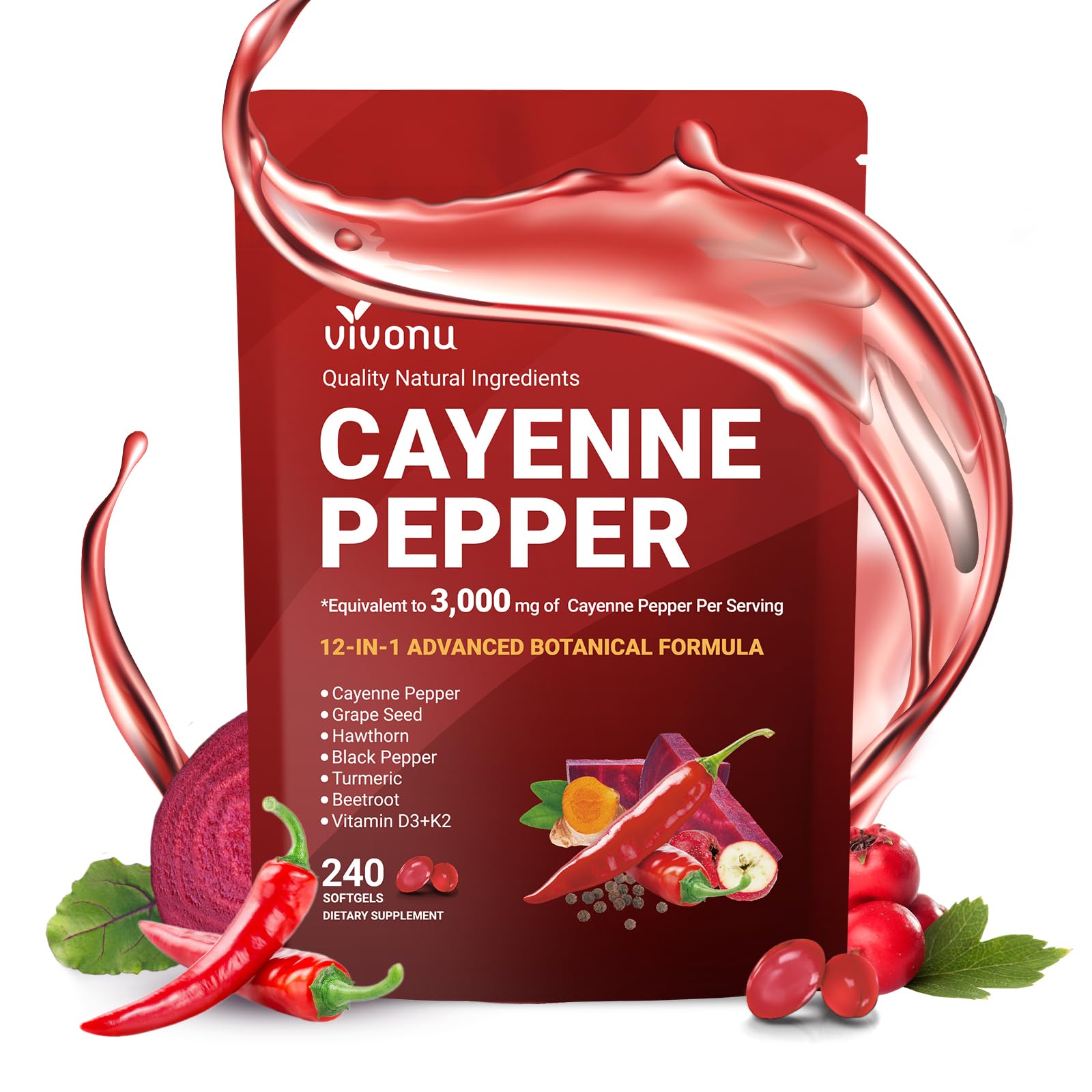 VivoNu Cayenne Pepper Softgels front view with packaging