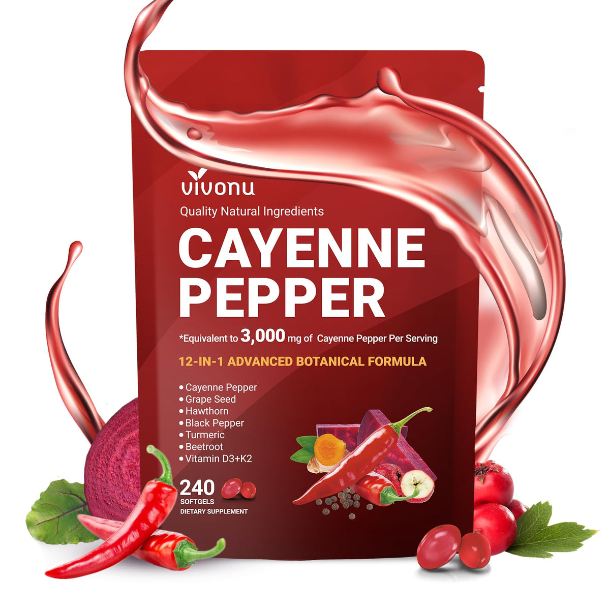 VivoNu Cayenne Pepper Softgels front view with packaging