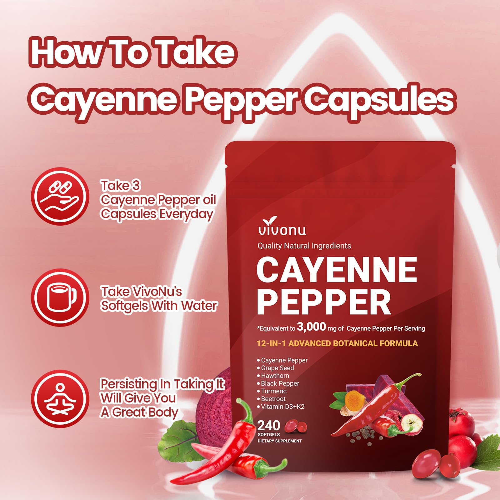 VivoNu Cayenne Pepper Softgels with a measuring spoon for dosage