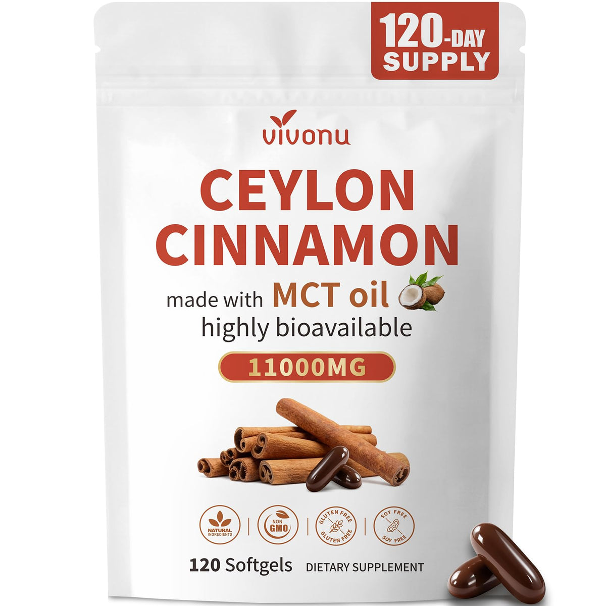 VivoNu Ceylon Cinnamon Supplement 120 softgels front view
