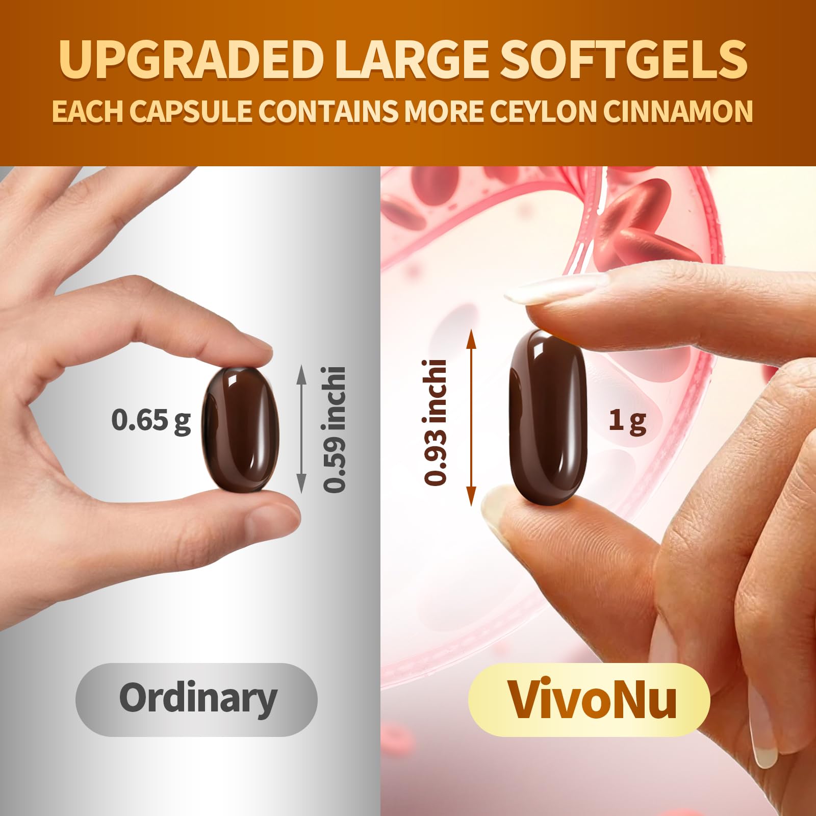 VivoNu Ceylon Cinnamon Supplement softgels in hand