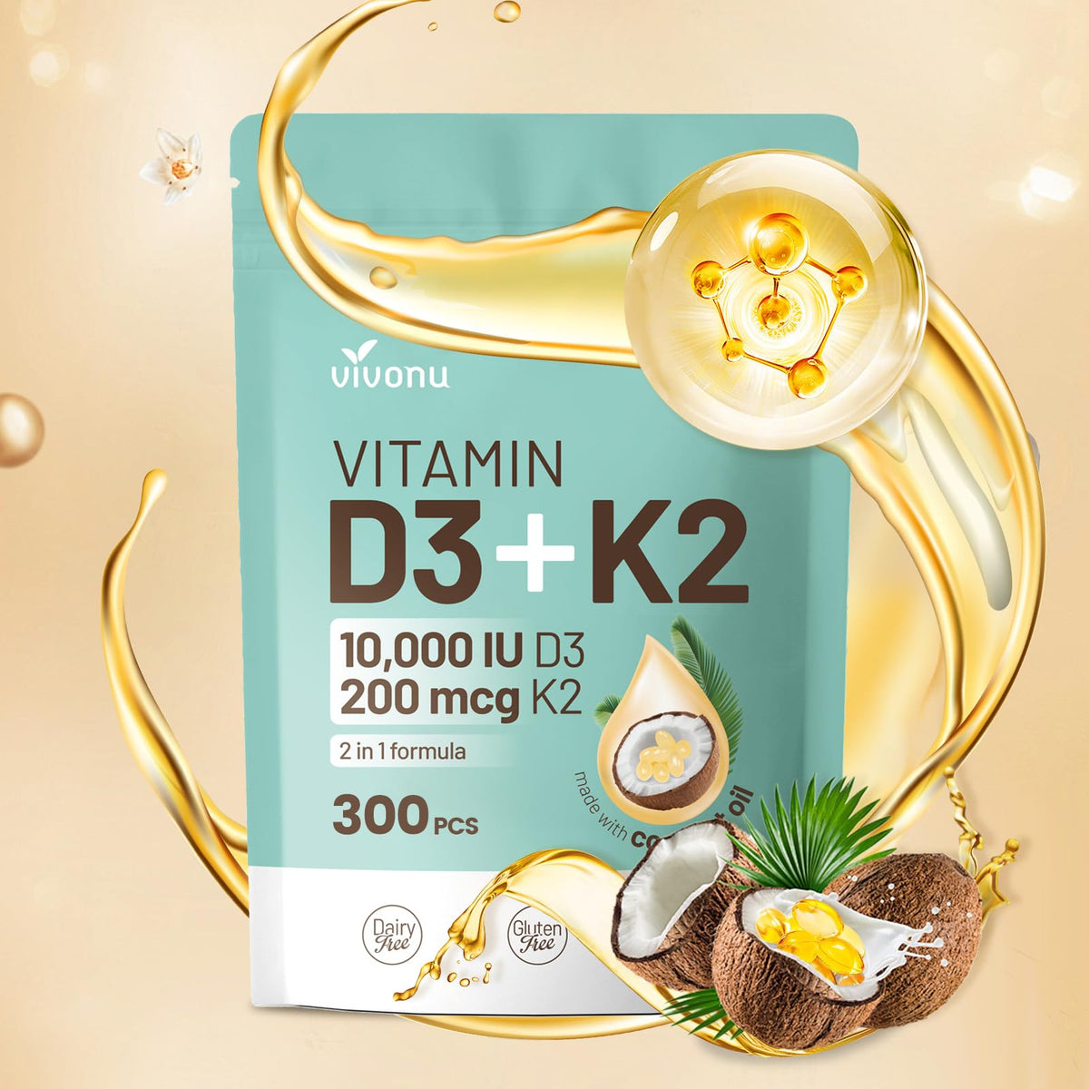 VivoNu Double Strength Vitamin D3 + K2 softgels front view