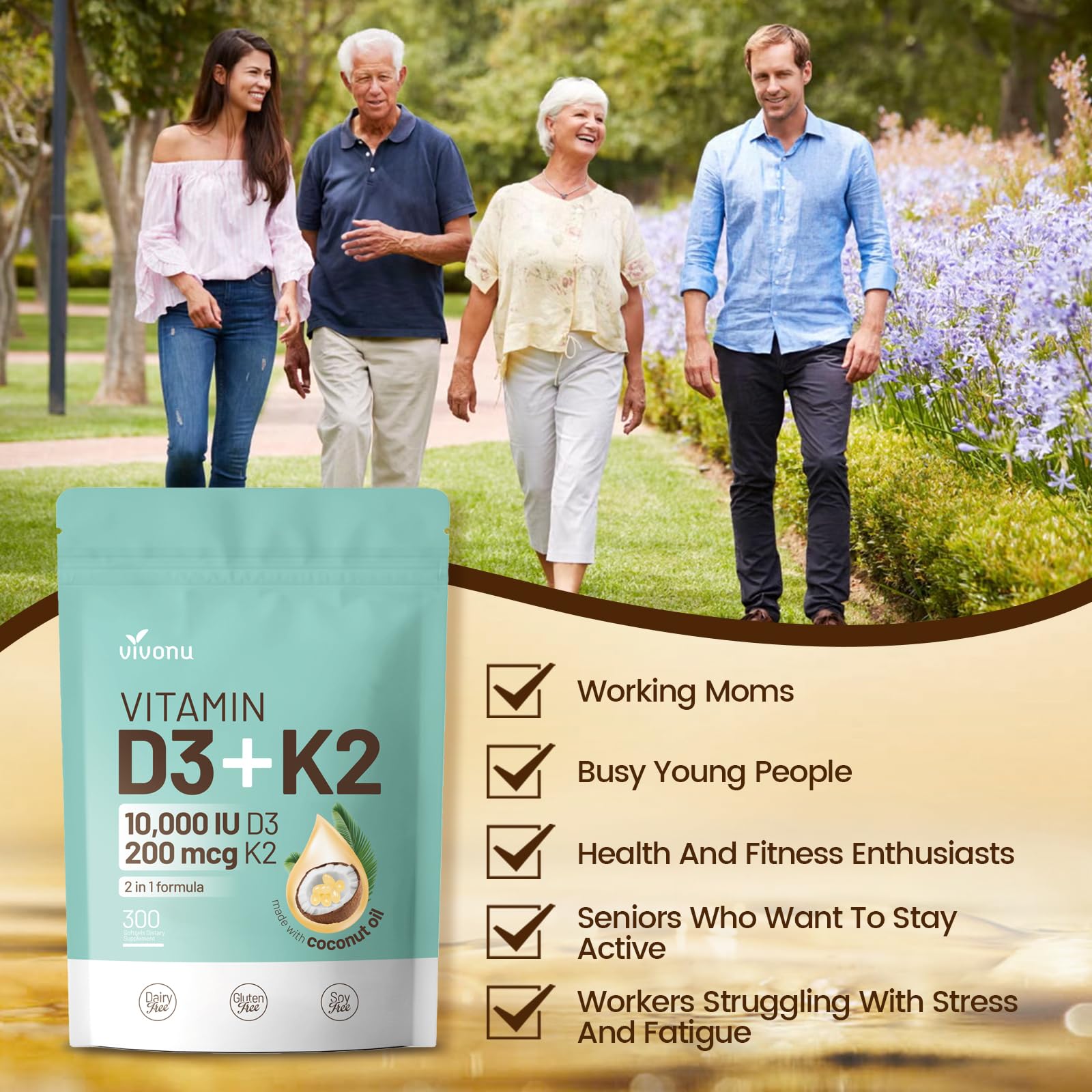 VivoNu Double Strength Vitamin D3 + K2 softgels on a table