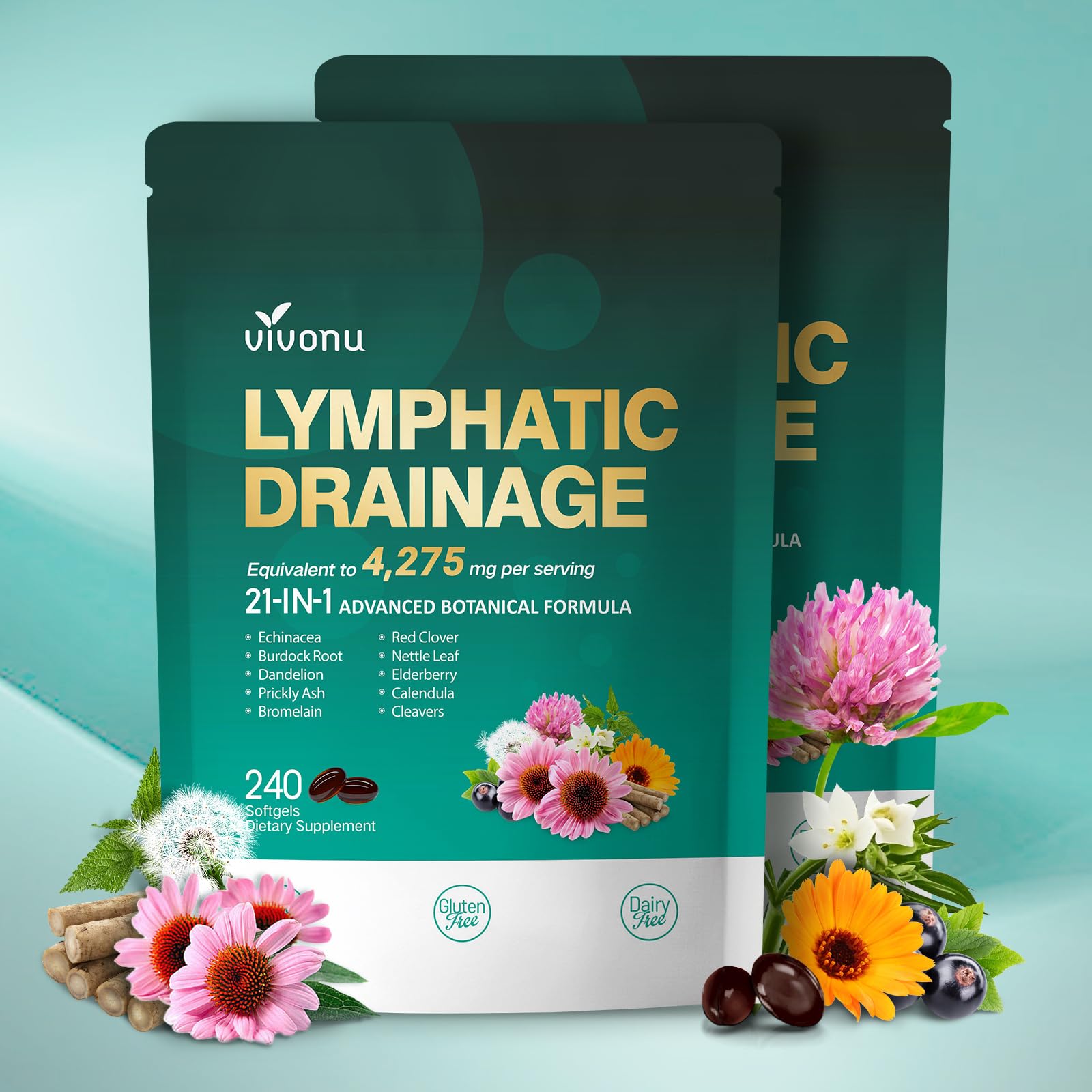 VivoNu Echinacea 21-in-1 Lymphatic Support Softgels front view