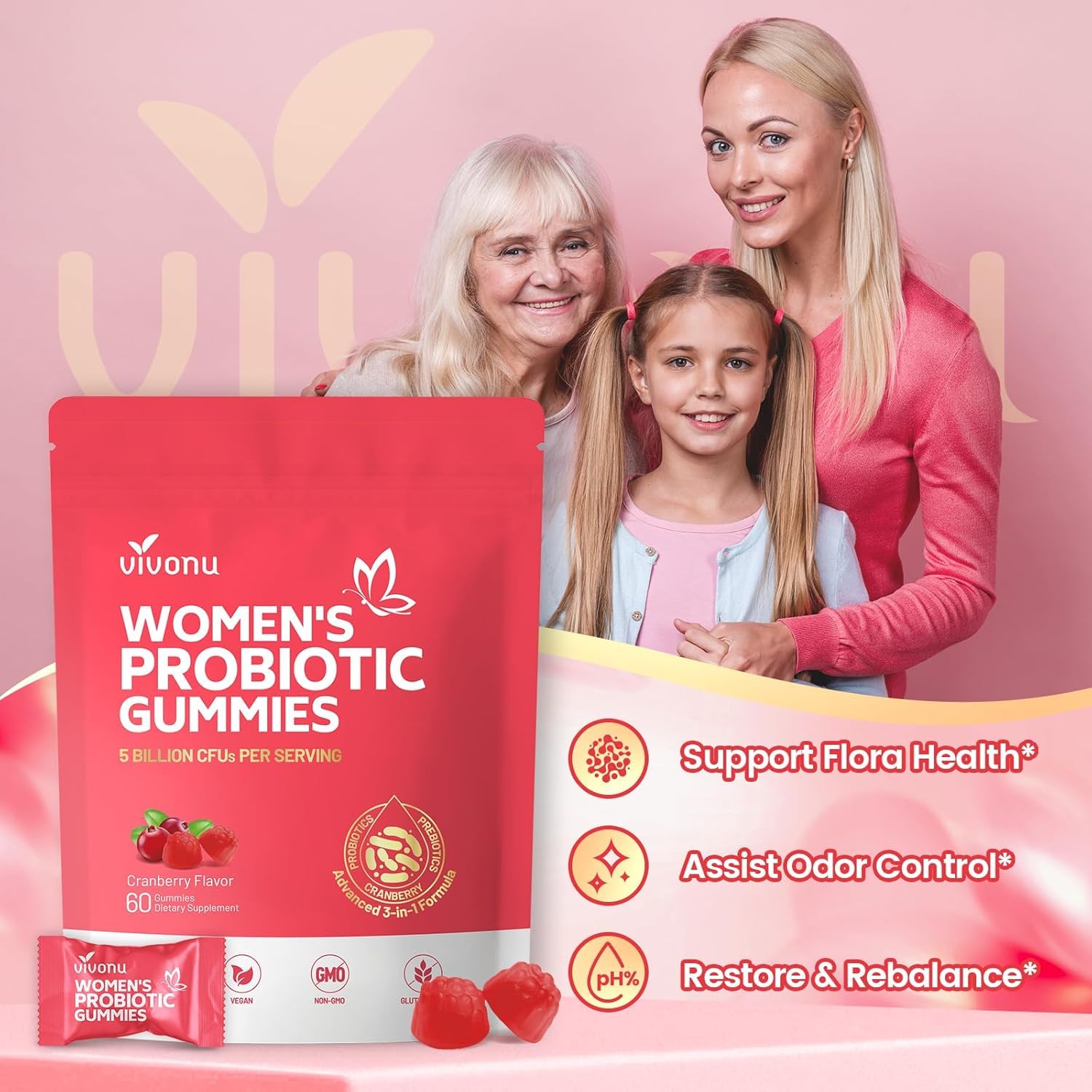 VivoNu Feminine Balance Gummies back view with ingredient list
