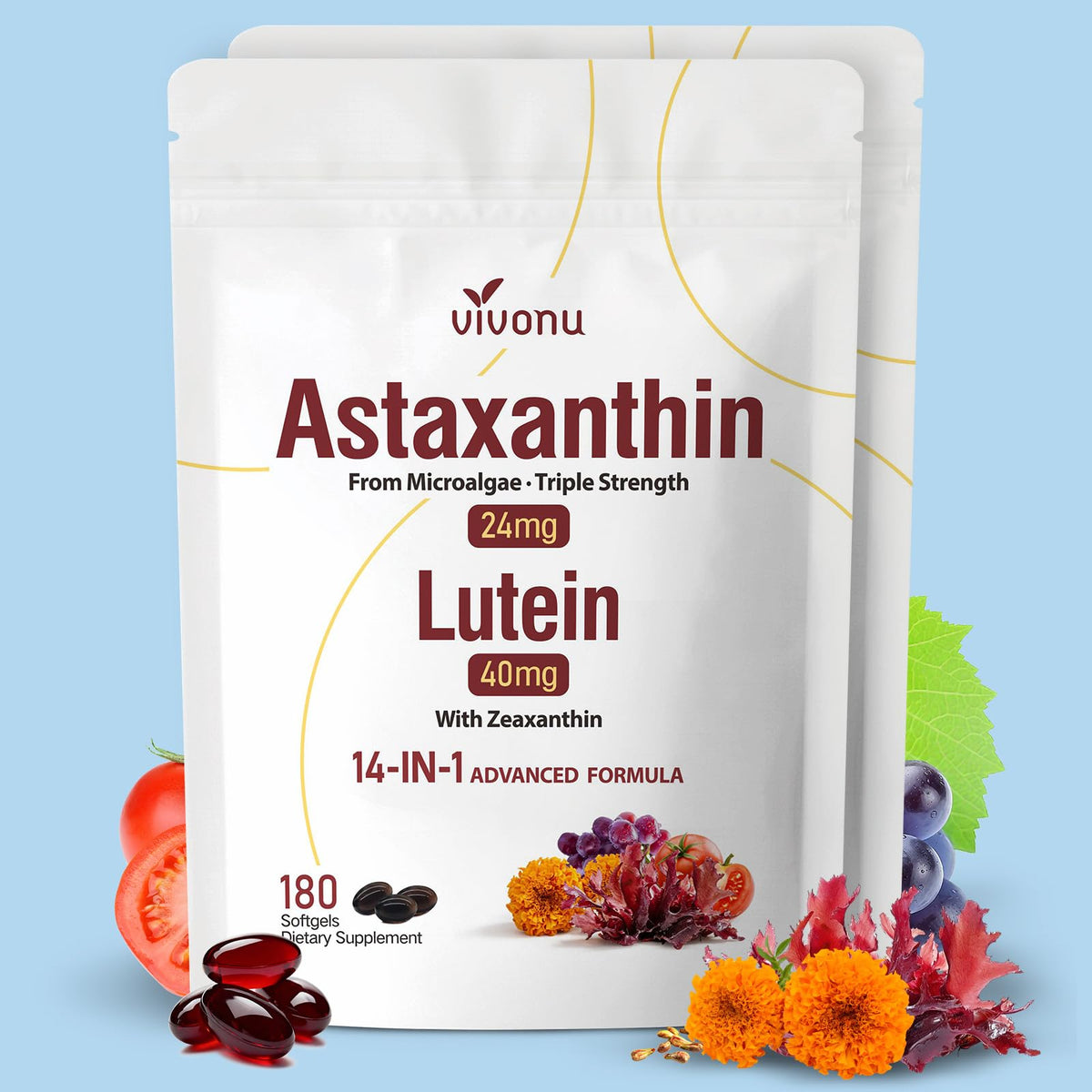 VivoNu Lutein 14-in-1 Eye Support Softgels front view