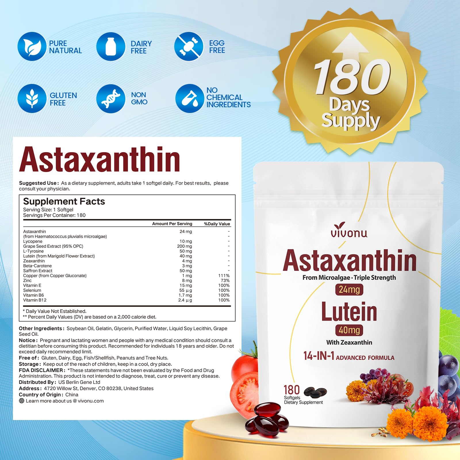 VivoNu Lutein softgels with a glass of water