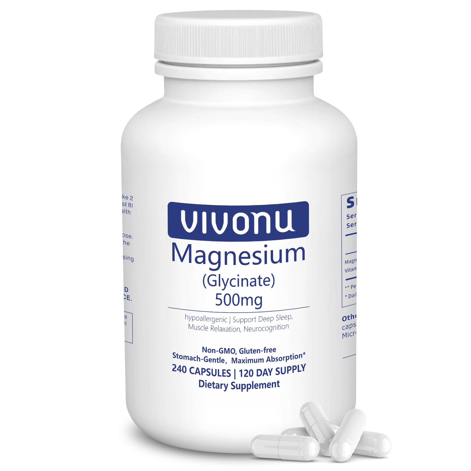 VivoNu Magnesium Glycinate 500mg 240 capsules front view
