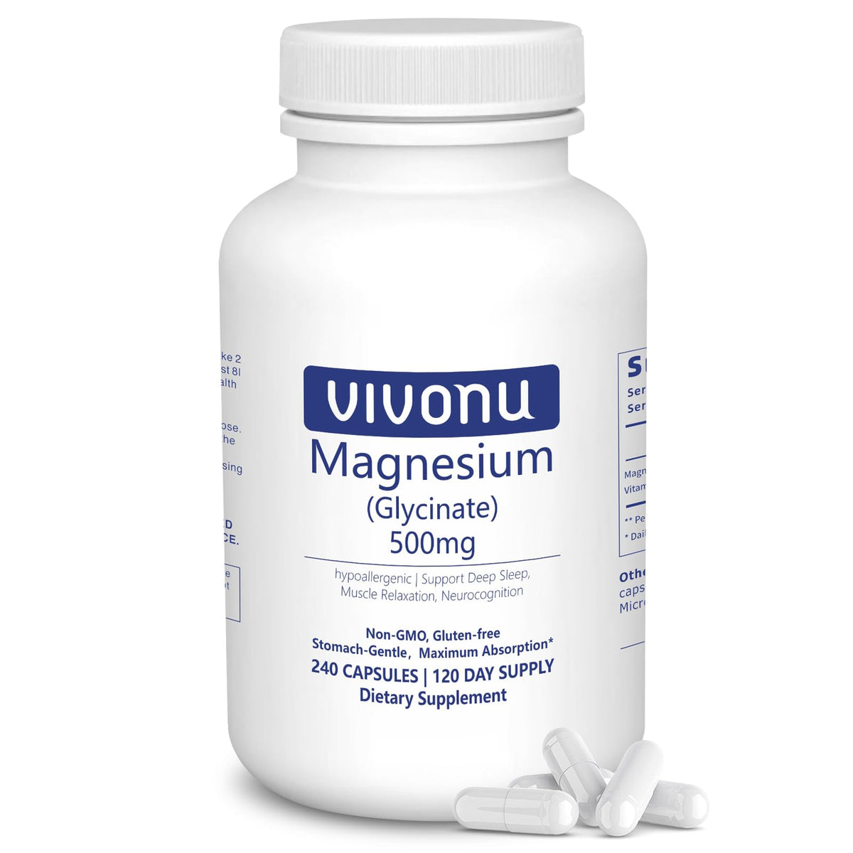VivoNu Magnesium Glycinate 500mg 240 capsules front view