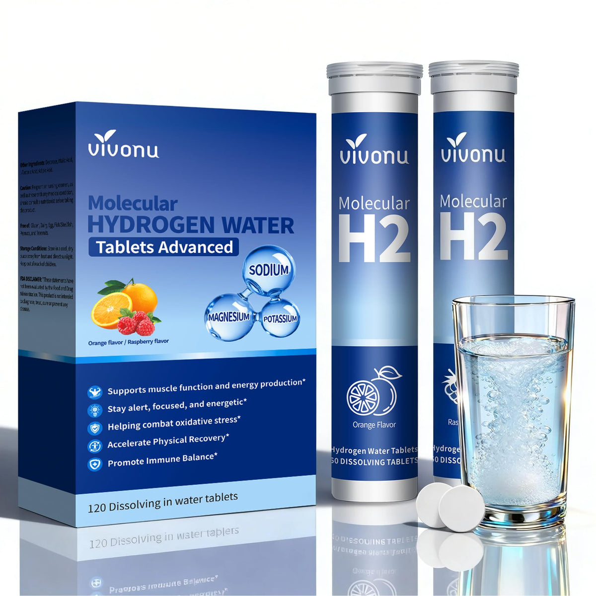 VivoNu Magnesium Hydrogen Water Tablets Orange flavour front view