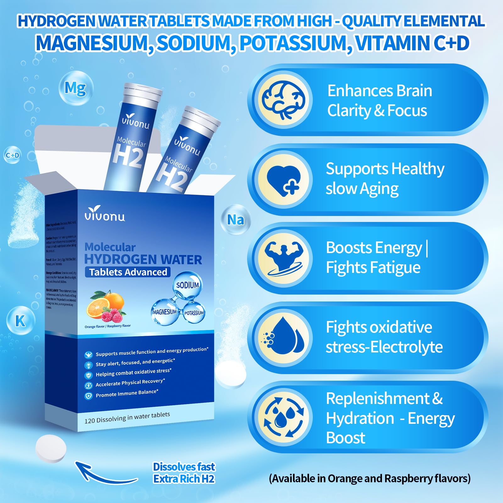VivoNu Magnesium Hydrogen Water Tablets Raspberry flavour front view