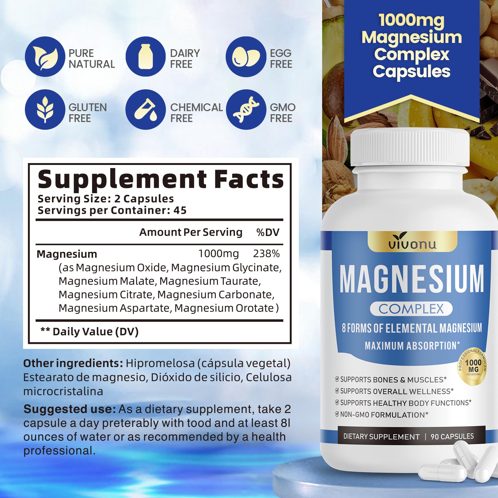 VivoNu Magnesium Supplement 1000mg capsules in a bowl