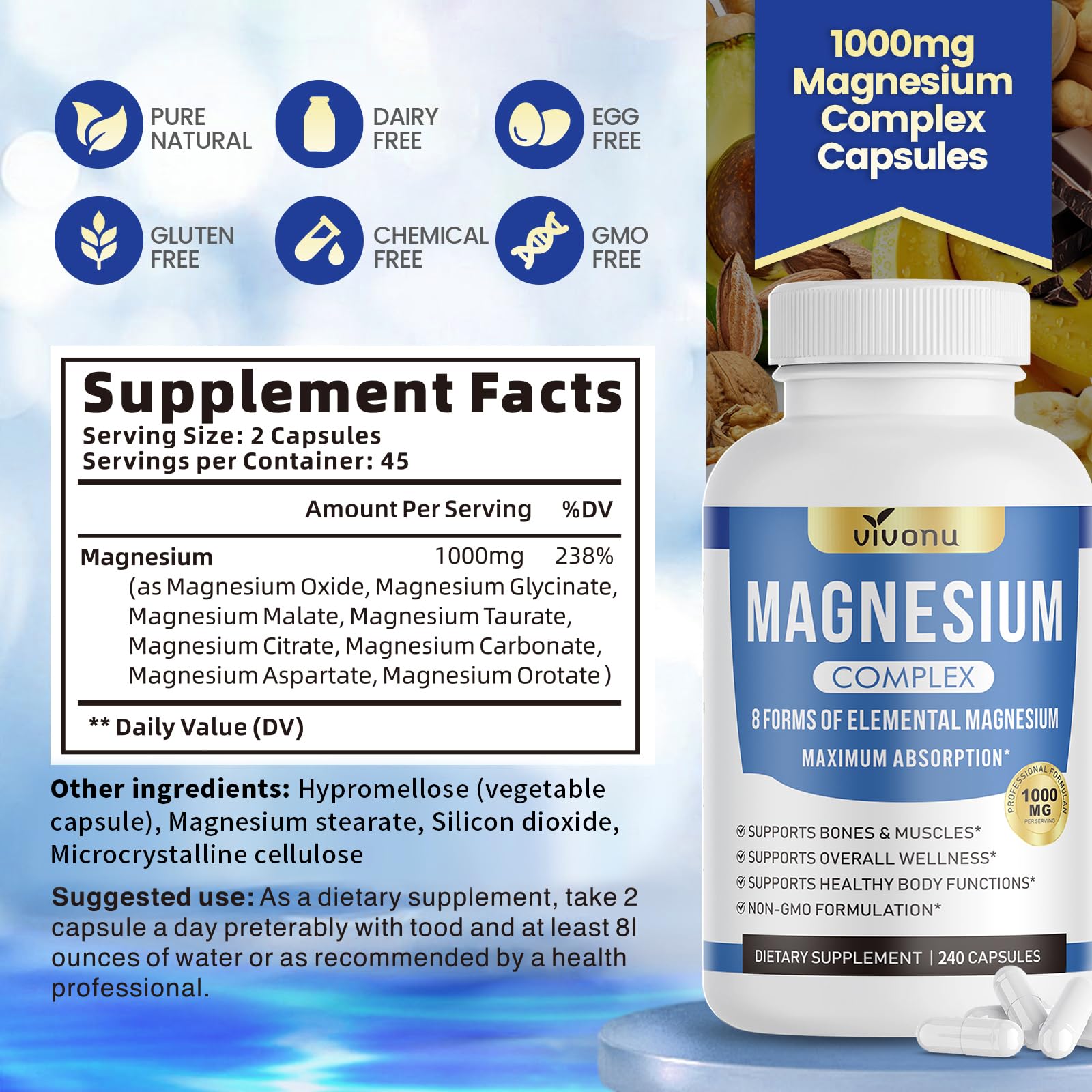 VivoNu Magnesium Supplement 1000mg displayed with other supplements