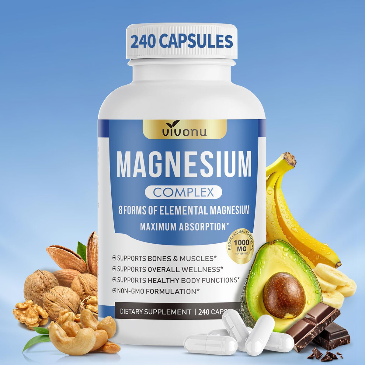 VivoNu Magnesium Supplement 1000mg front view of the bottle