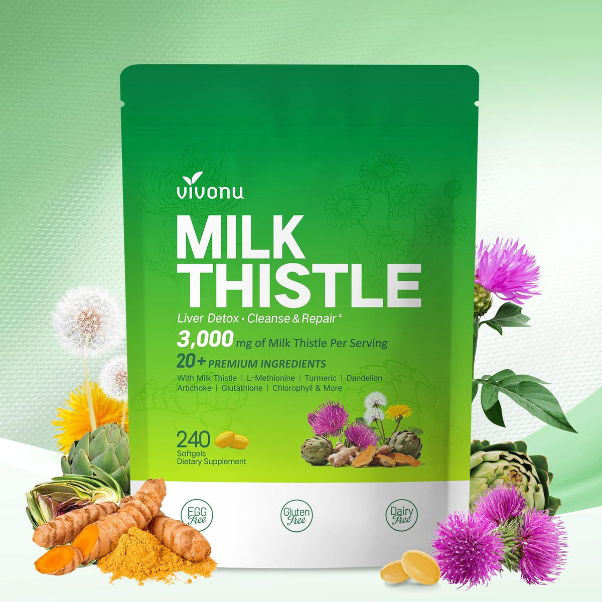 VivoNu Milk Thistle Supplement 3000mg softgel bottle front view