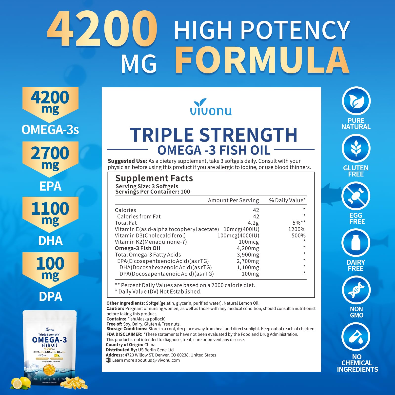 VivoNu Omega-3 Fish Oil capsules in a clear bottle