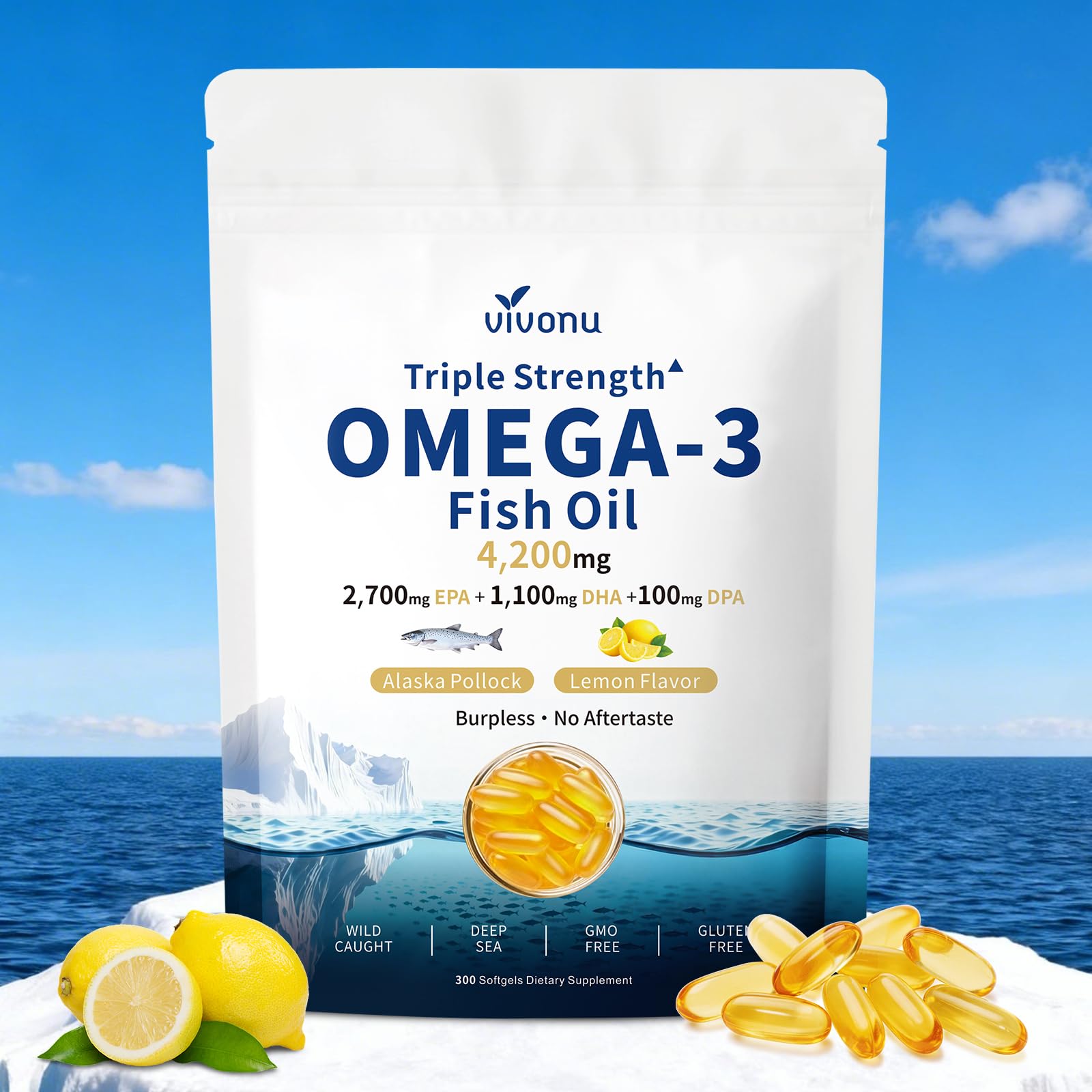 VivoNu Omega-3 Fish Oil Supplement front view with packaging