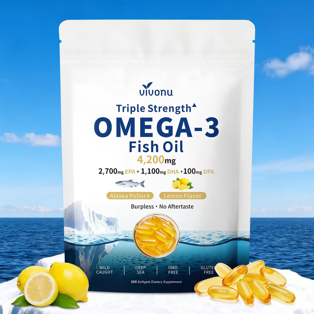 VivoNu Omega-3 Fish Oil Supplement front view with packaging