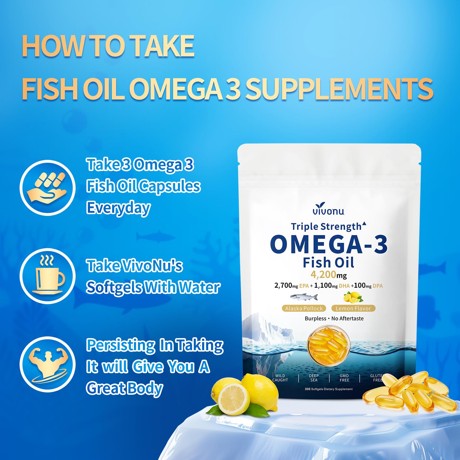 VivoNu Omega-3 Fish Oil Supplement with fresh lemon