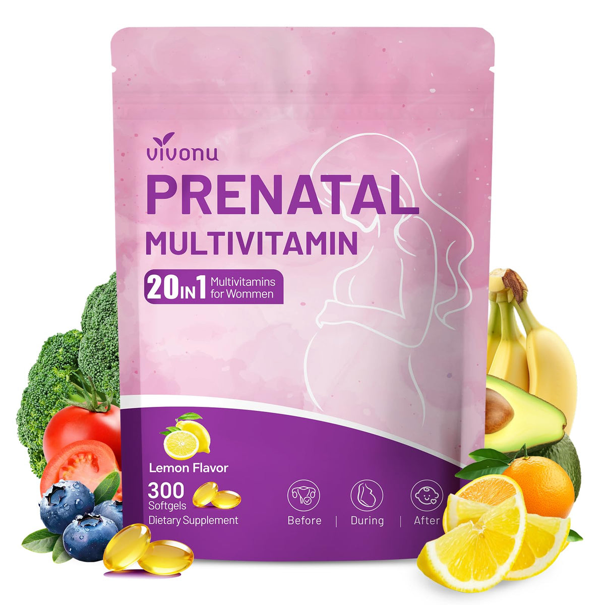 VivoNu Prenatal Vitamins 300 softgels front view