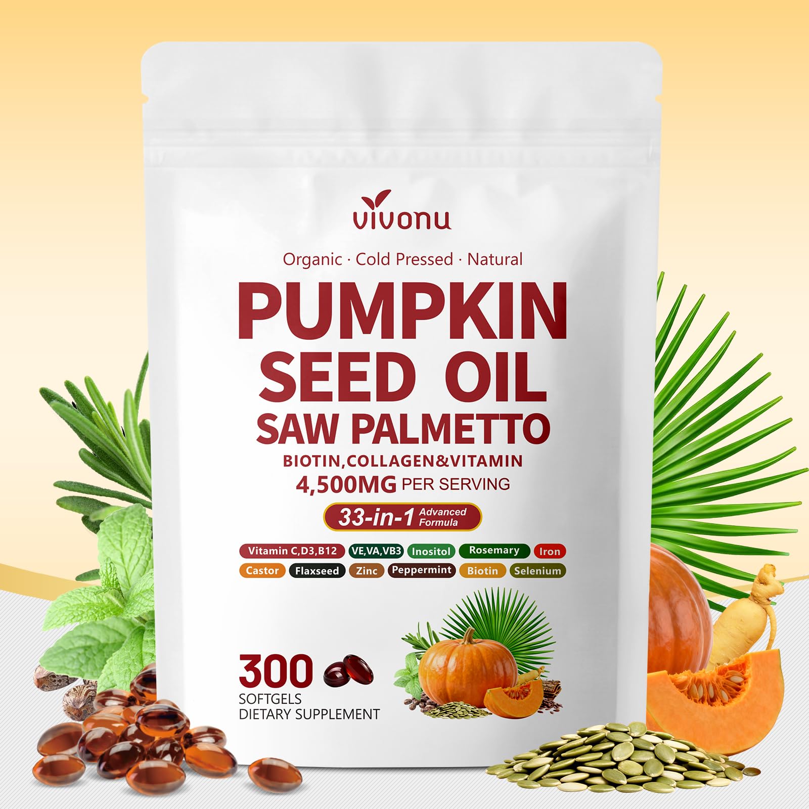 VivoNu Pumpkin Seed Oil Capsules 300 Count front view