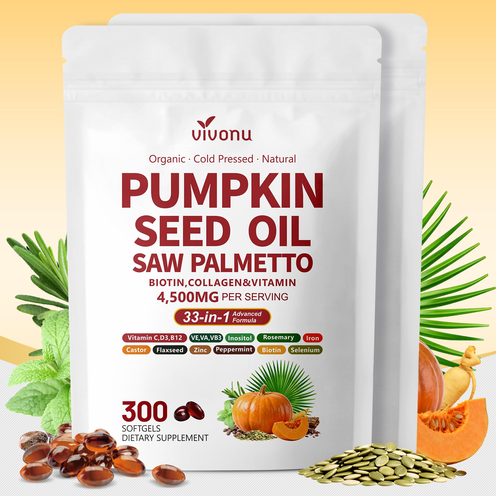 VivoNu Pumpkin Seed Oil Capsules 300 count front view