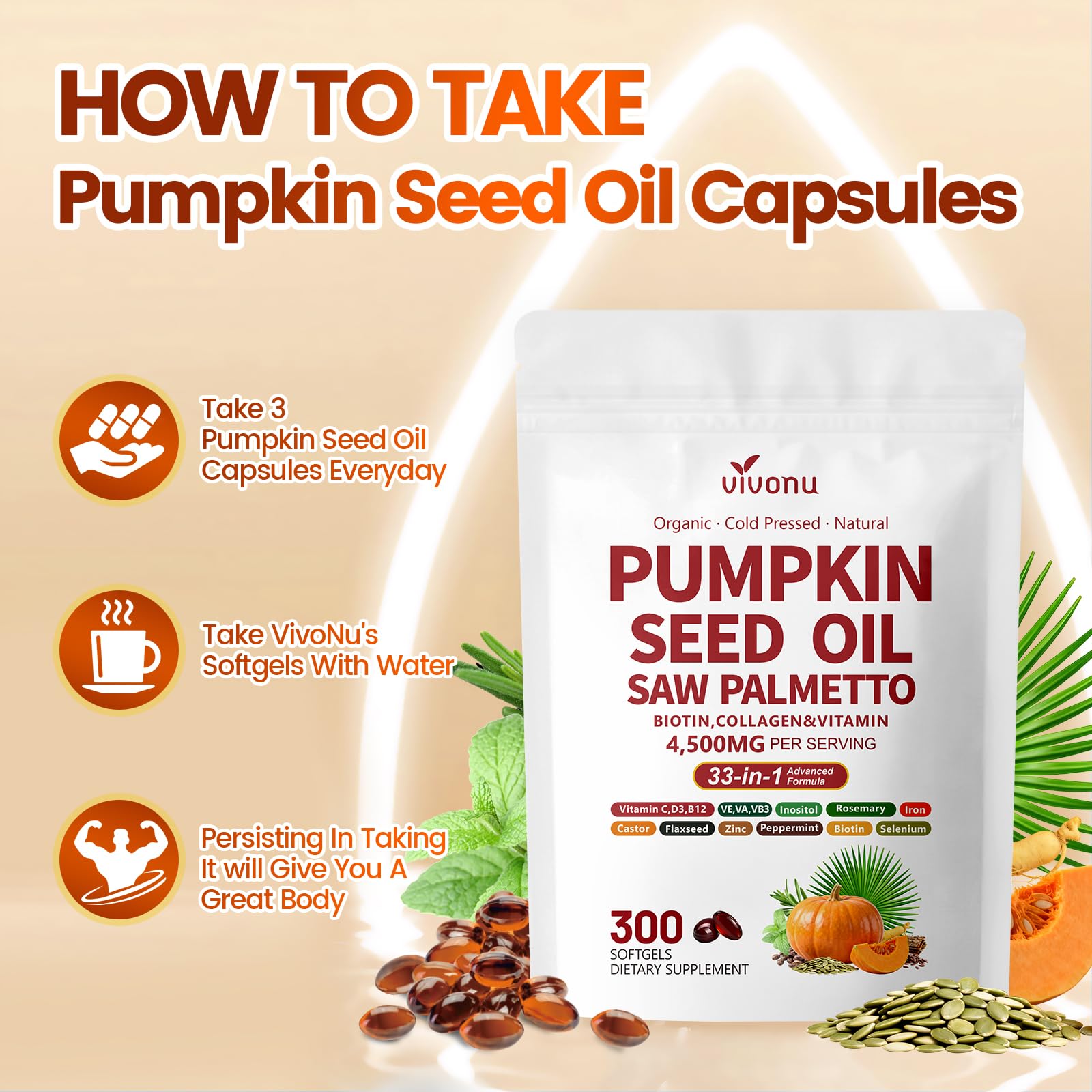 VivoNu Pumpkin Seed Oil Capsules 300 Count nutritional information