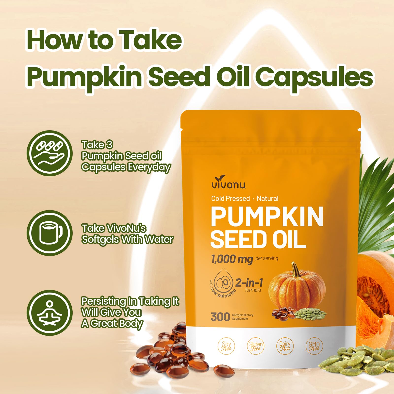 VivoNu Pumpkin Seed Oil Softgels on a wooden table