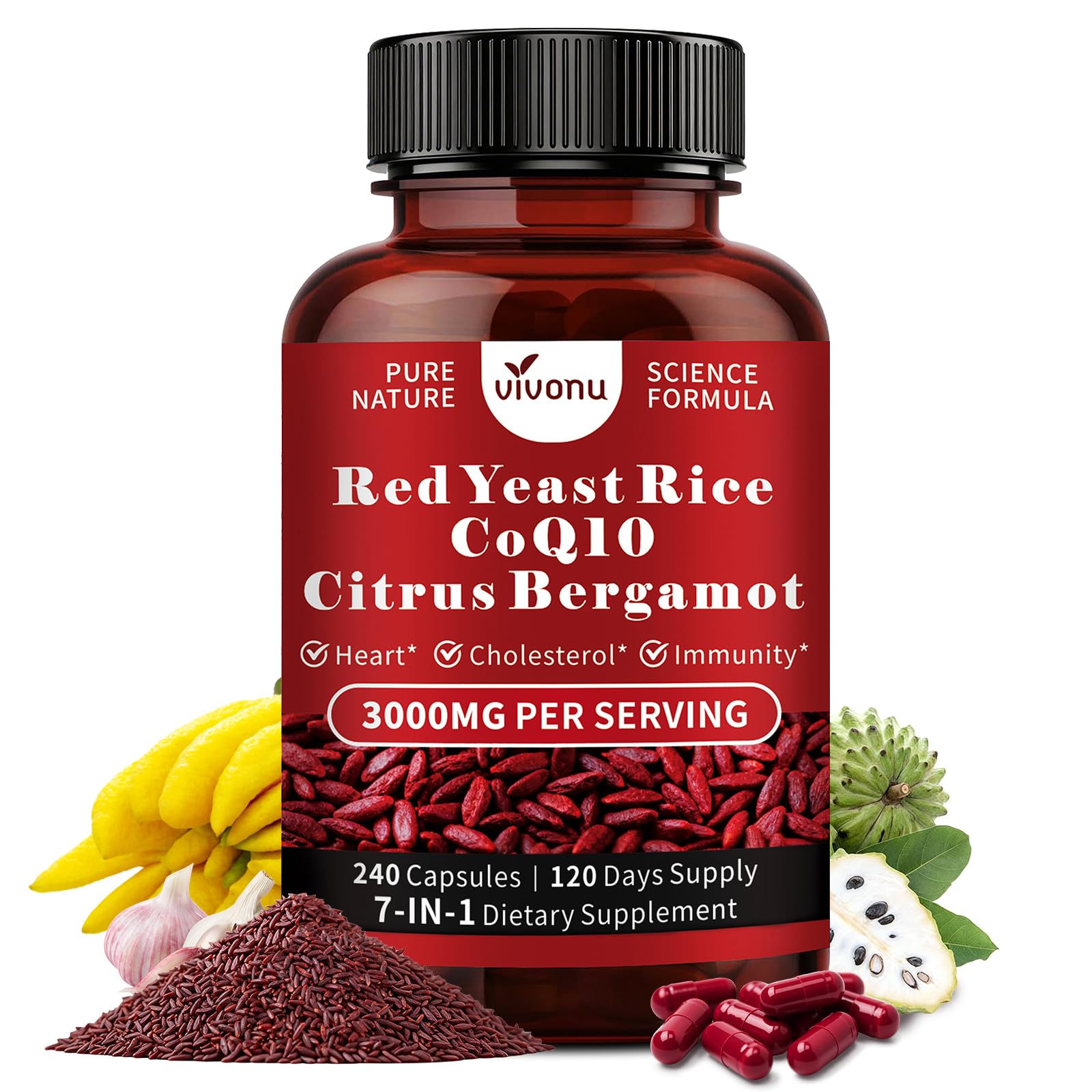 VivoNu Red Yeast Rice with CoQ10 240 capsules front view