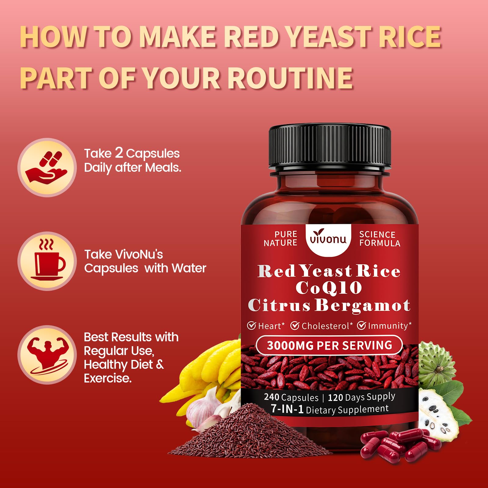 VivoNu Red Yeast Rice with CoQ10 bottle with measuring spoon