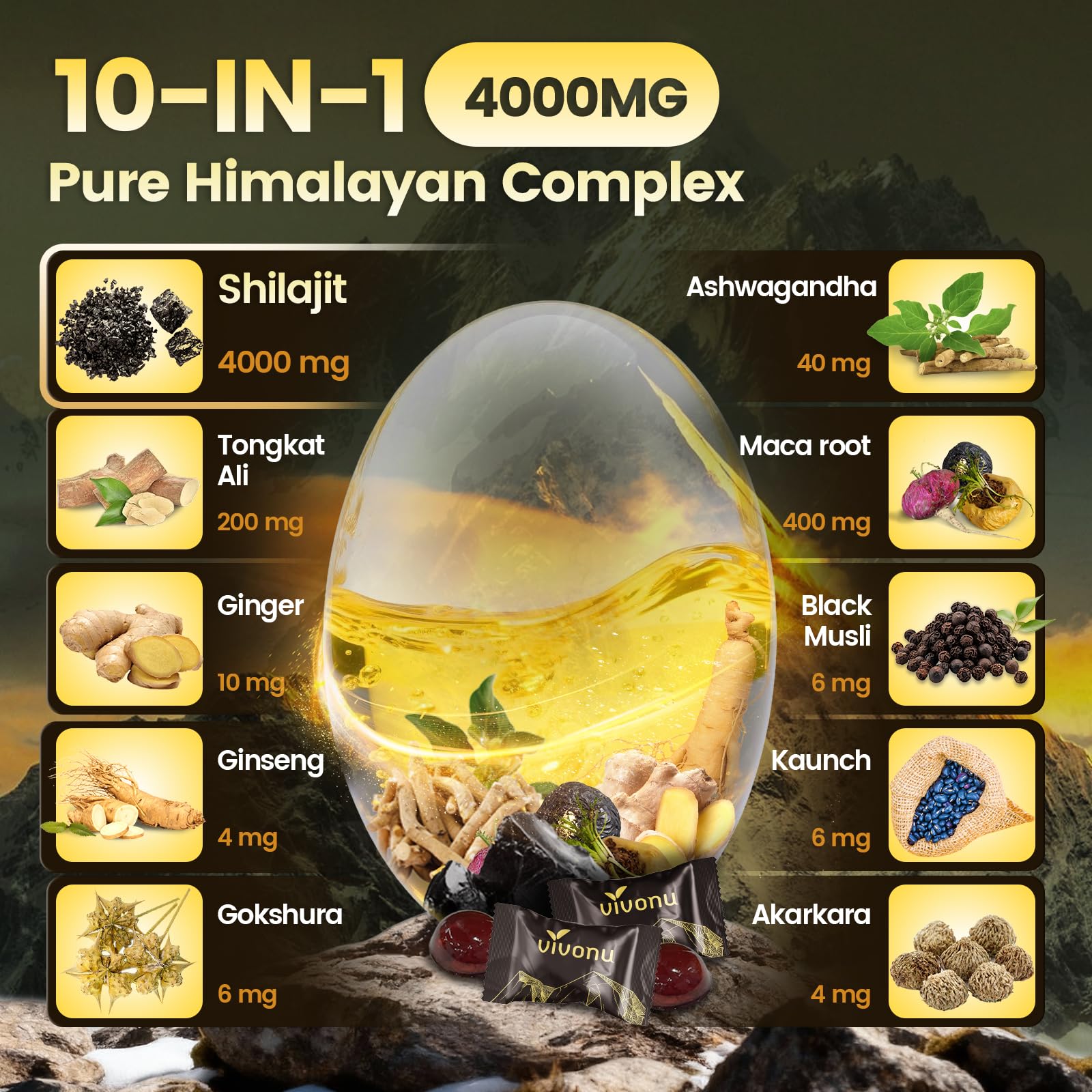 VivoNu Shilajit Gold Gummies back view with ingredient list