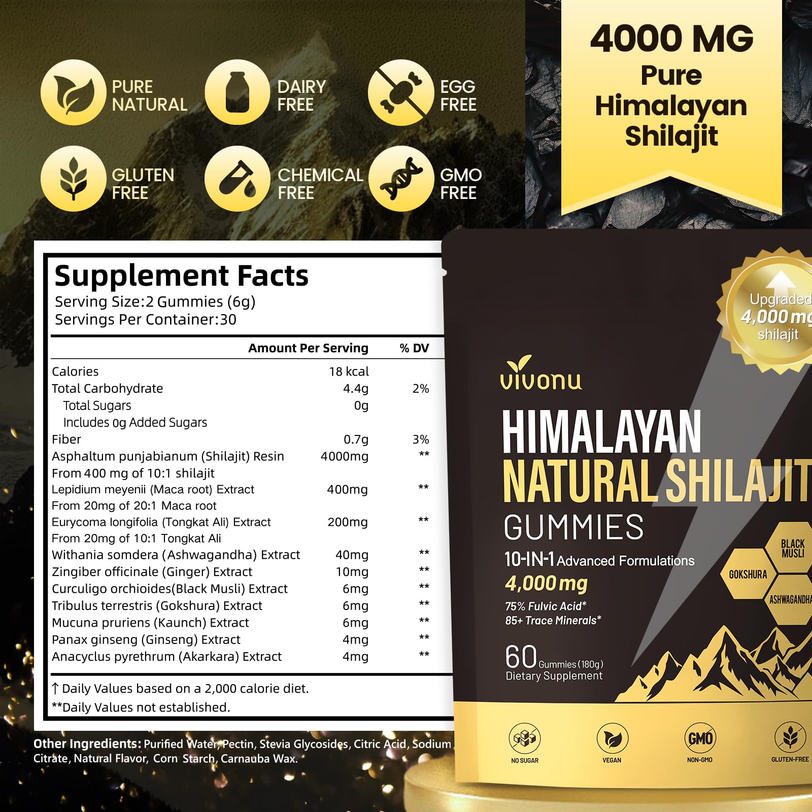 VivoNu Shilajit Gold Gummies displayed with fresh fruit